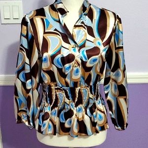 Brown, tan and blue abstract boho print satin blouse